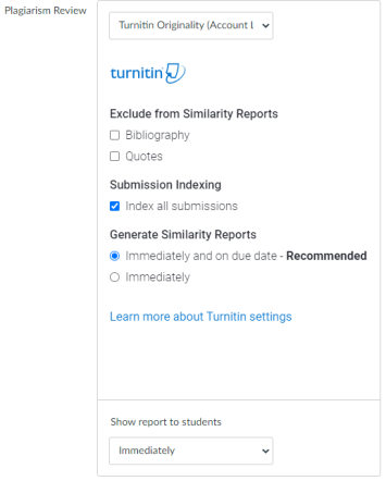 Screenshot showing the Turnitin options in the Canvas Assignment Plagiarism Review settings